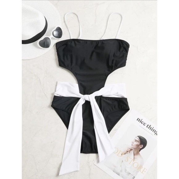 NEW Black & White Monokini Swimsuit w/ Adj White Tie Belt Around Waist -Size L - Picture 2 of 7